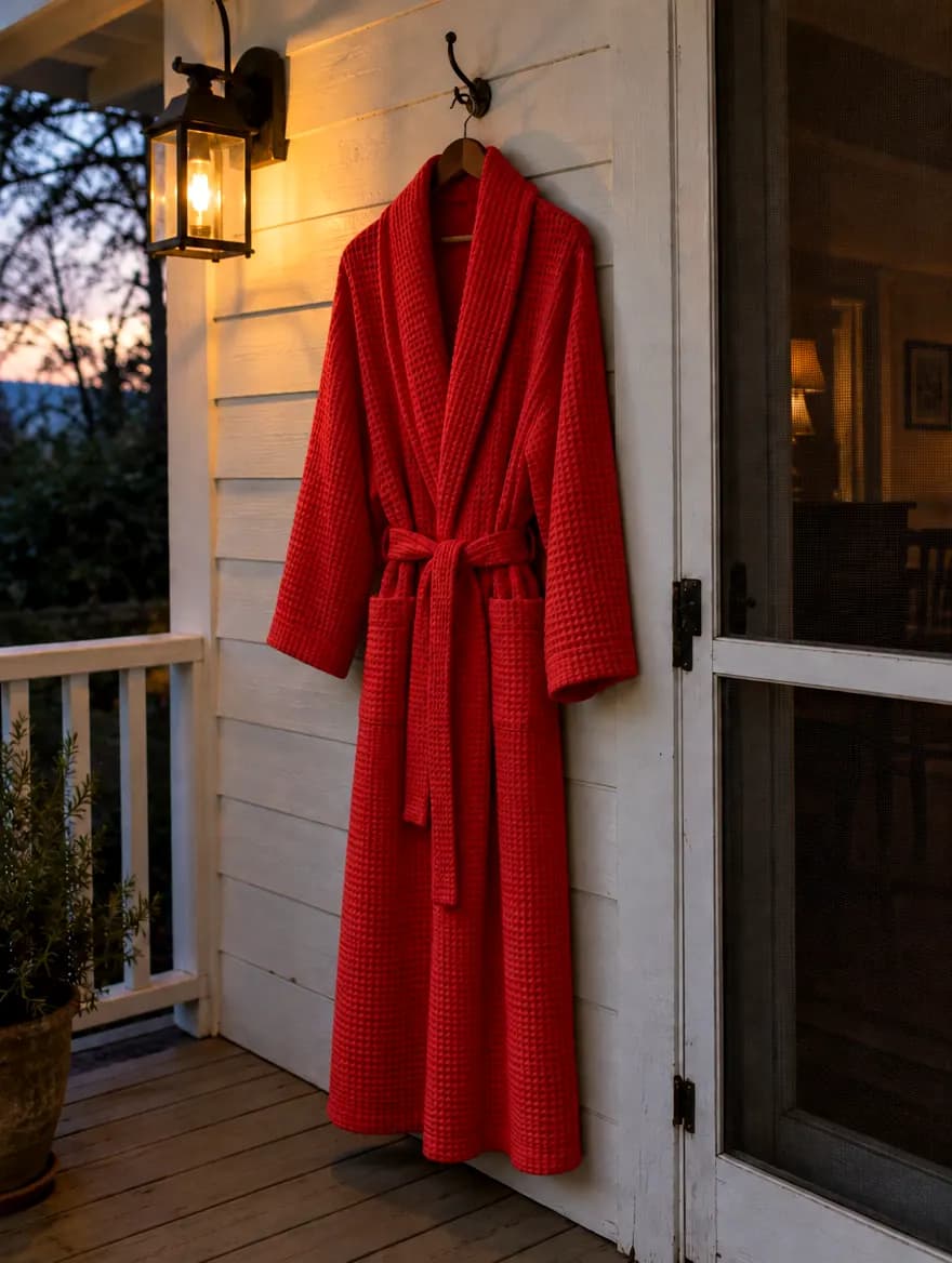 Tomato-red waffle robe hanging on a porch hook at dusk
