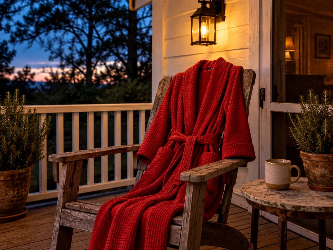 Tomato-red robe draped over a porch chair under a lamp