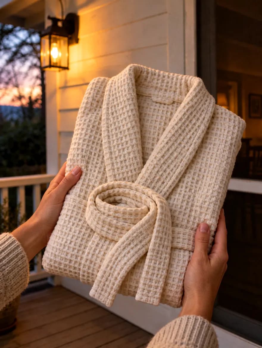 Hands holding a folded off-white waffle robe