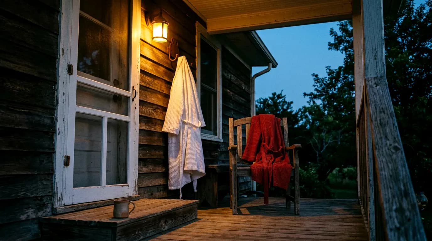 A porch at dusk with a white robe on a hook and a red robe over a chair