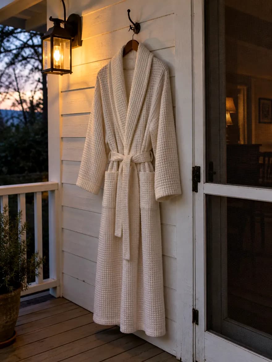 Off-white waffle robe on a porch hook
